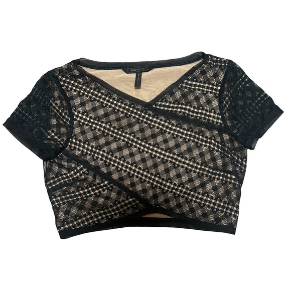 BCBGMaxAzria Vicky Lace Crop Top | Black Sheer Mesh Short Sleeve | Size Small - Picture 1 of 5